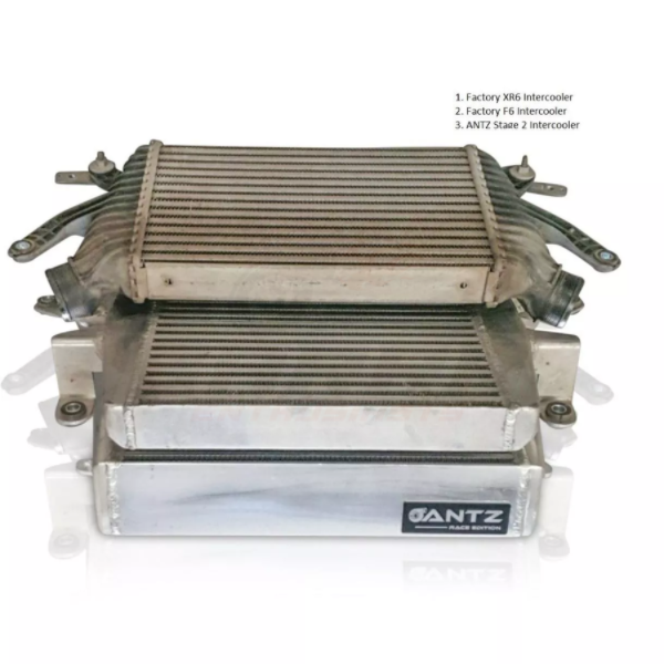 ANTZ-FGXSTI $1290 Stage 2 Intercooler FPV FG XR6 Turbo F6 FORD FALCON FG FGX $1290 Aftermarket intercooler piping is required for use with this intercooler as factory piping will not fit Dimensions of bar & plate core: 410 x 400 x 90mm. Tig welded construction Raw aluminium finish 2.5″ (64mm) inlet and outlet. Proven to effectively reduce air temperatures for a high performance application. Utilises factory intercooler mounting points for an easy installation and fitment (Fitting guide provided on our fitt
