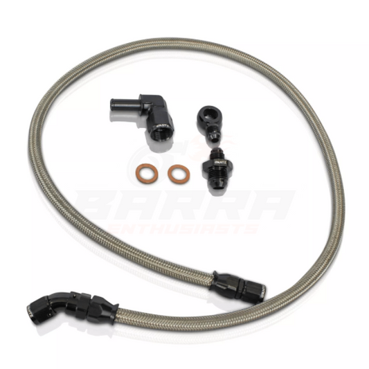 ANTZ-BTWLK $199.9 Braided Turbo Water Line Kit Suits Ford BA BF FG FGX Falcon $199.9 Complete replacement for your hard line factory water line. 6AN braided hose and fittings. Copper washes included. Can be used on high mount turbo applications as well as factory seated turbochargers. -- Braided water feed line for the Falcon BA BF FG FGX series. Complete replacement for your hard line factory water line. 6AN braided hose and fittings. Copper washes included. Can be used on high mount turbo applications as